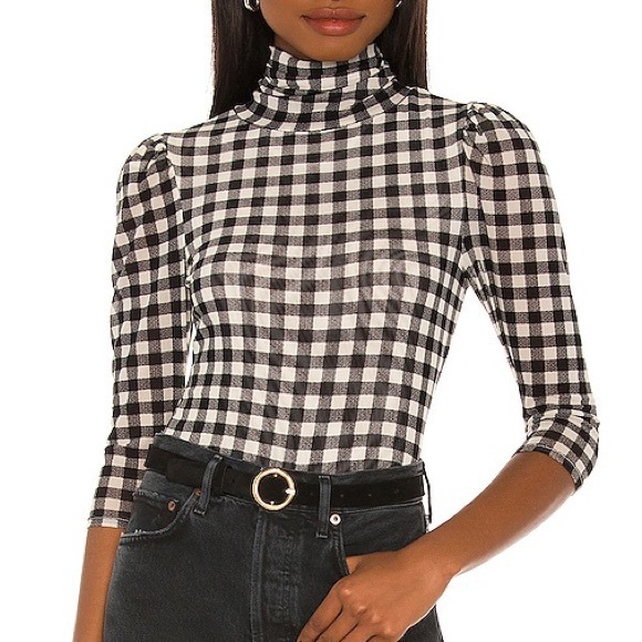Free People Tops - Free People Gather Turtleneck Mesh Gingham Black and White Size Medium